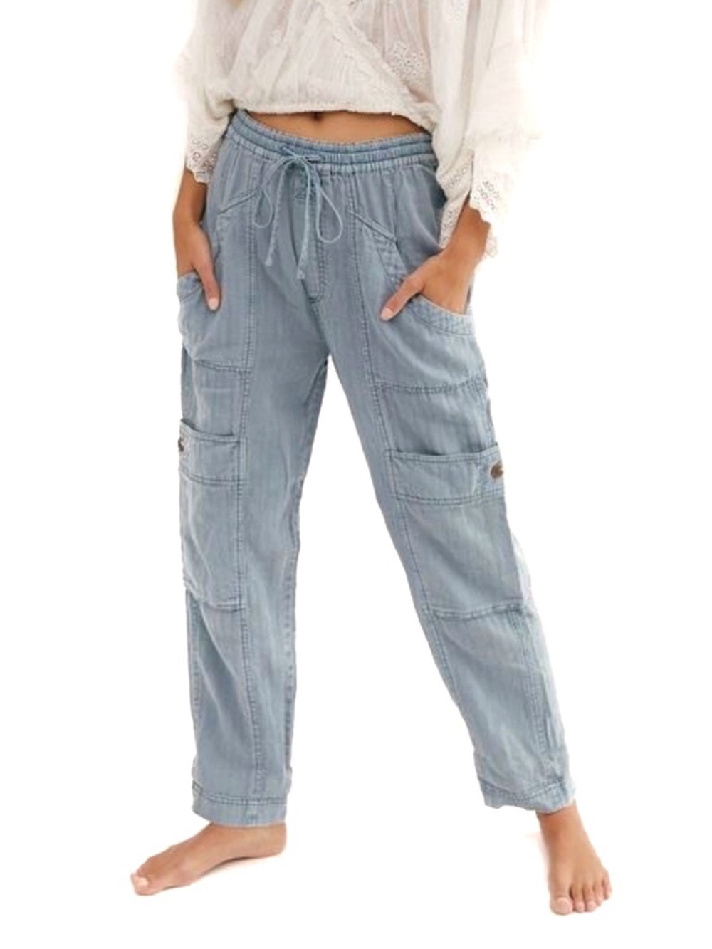Free People Feelin' Good Linen Blend Casual Utility Pants in Sea Spray Blue